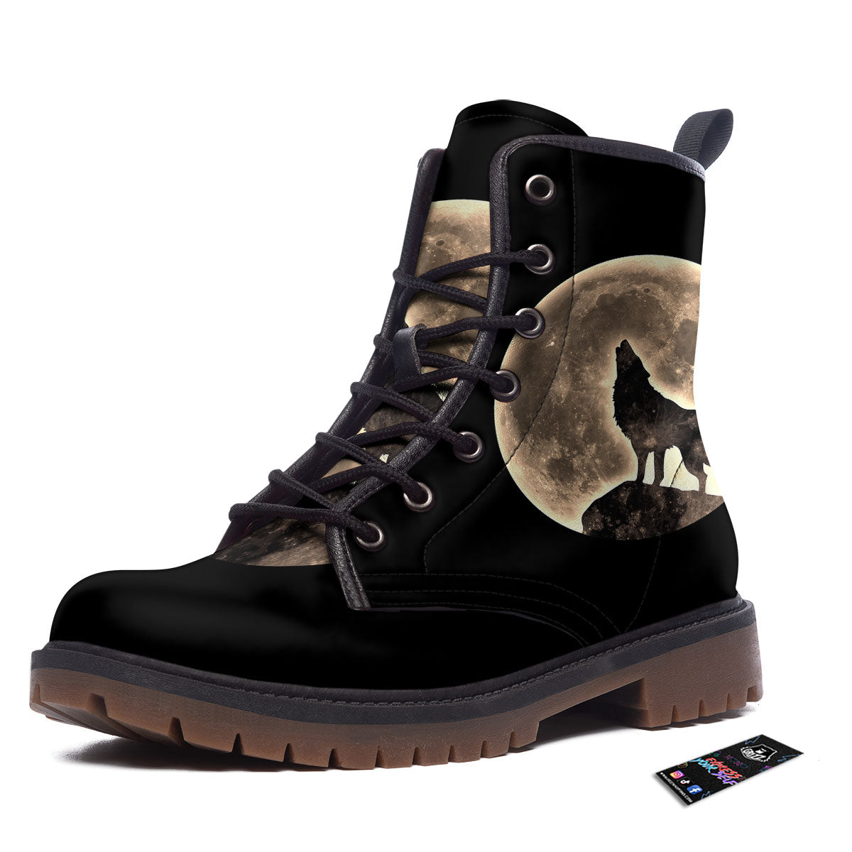Howling Wolf Full Moon Print Work Boots-grizzshop