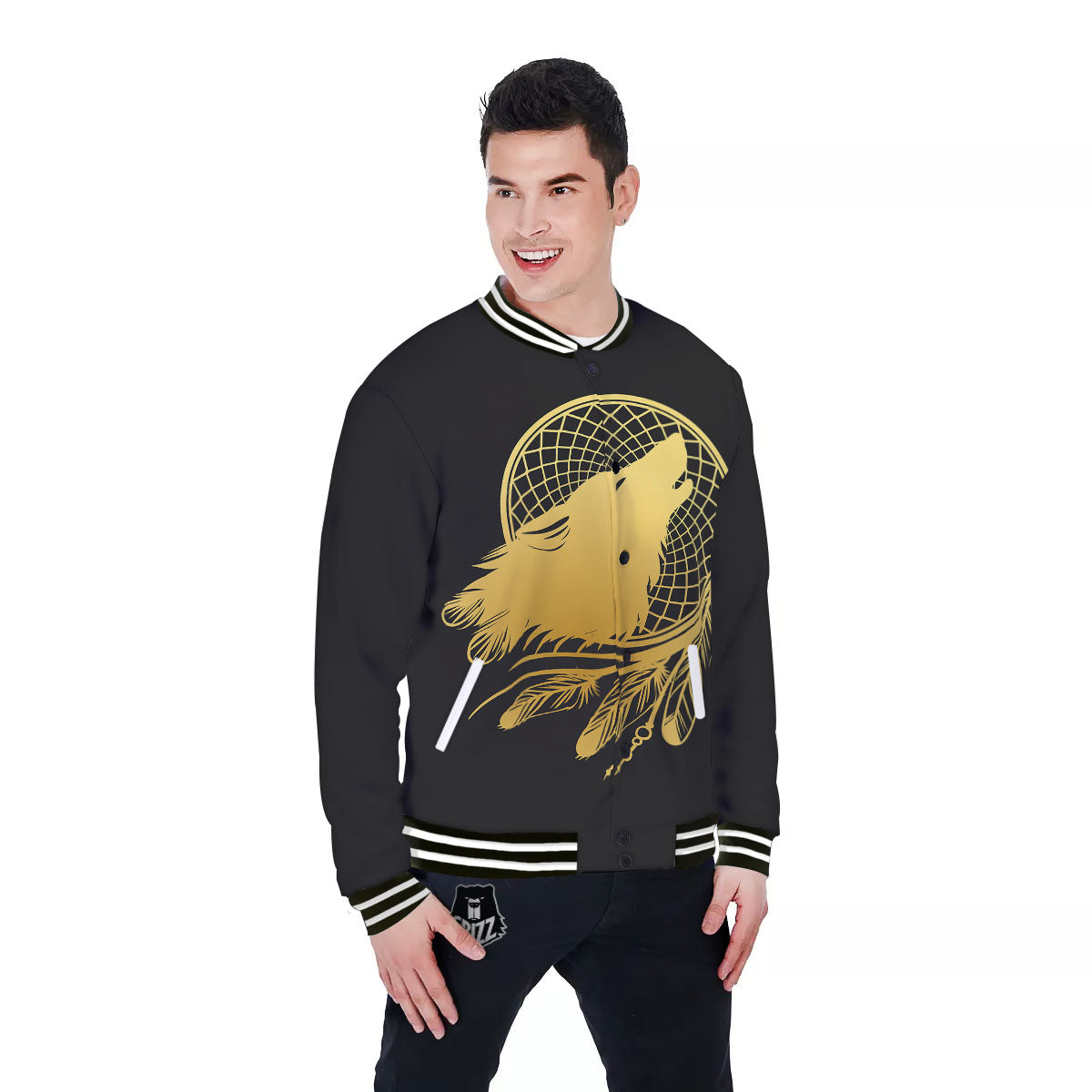 Howling Wolf Golden Bohemian Print Baseball Jacket-grizzshop
