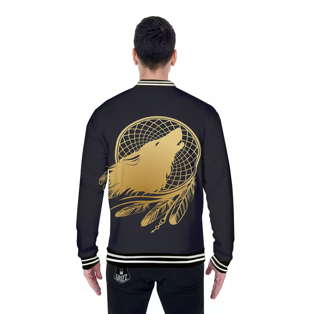 Howling Wolf Golden Bohemian Print Baseball Jacket-grizzshop