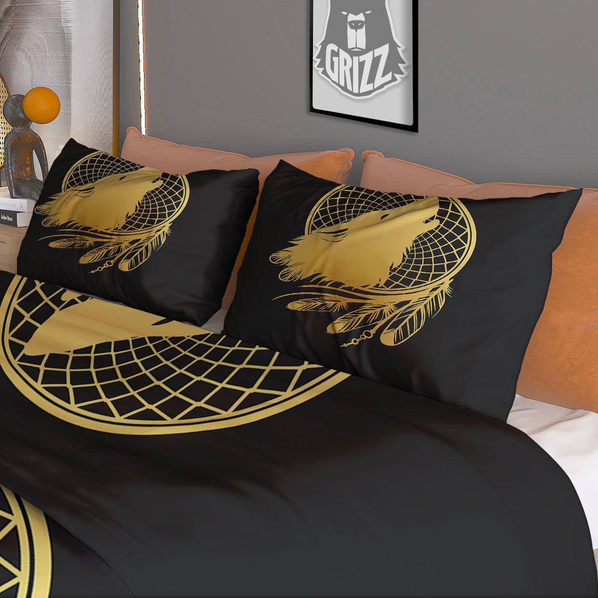 Howling Wolf Golden Bohemian Print Duvet Cover Bedding Set