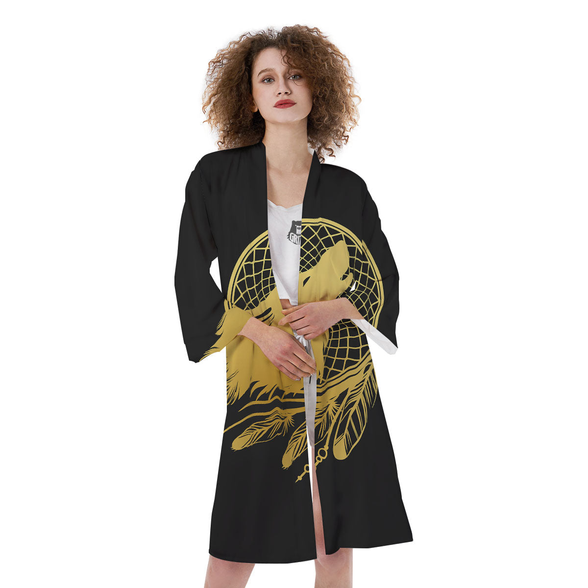 Howling Wolf Golden Bohemian Print Kimono-grizzshop