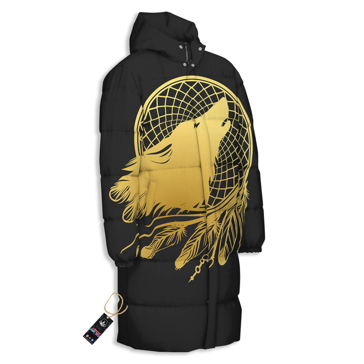 Howling Wolf Golden Bohemian Print Long Down Jacket-grizzshop