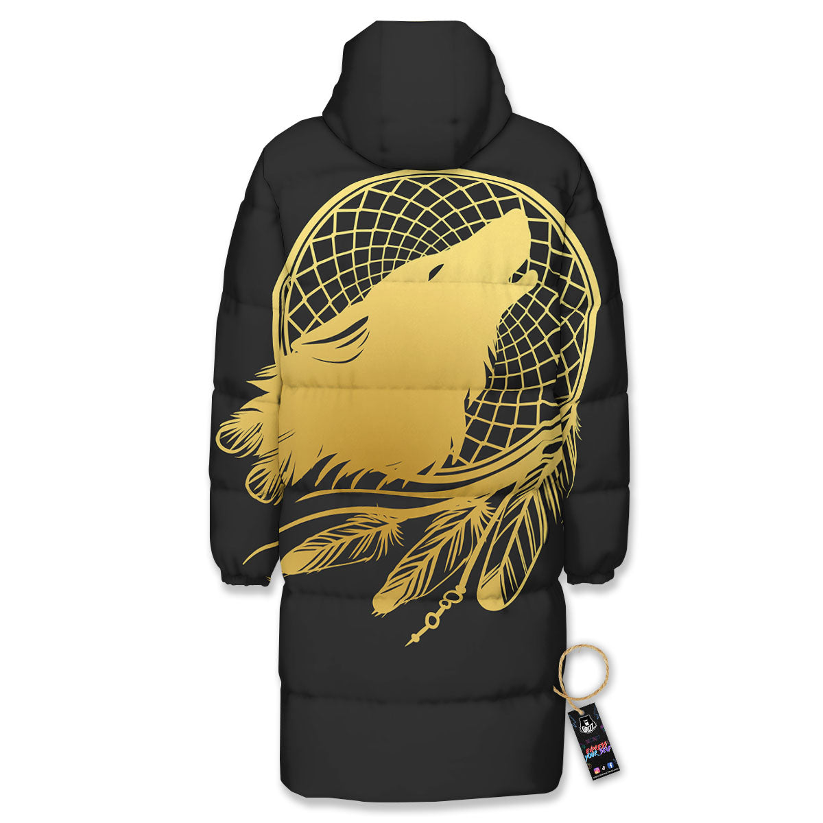 Howling Wolf Golden Bohemian Print Long Down Jacket-grizzshop