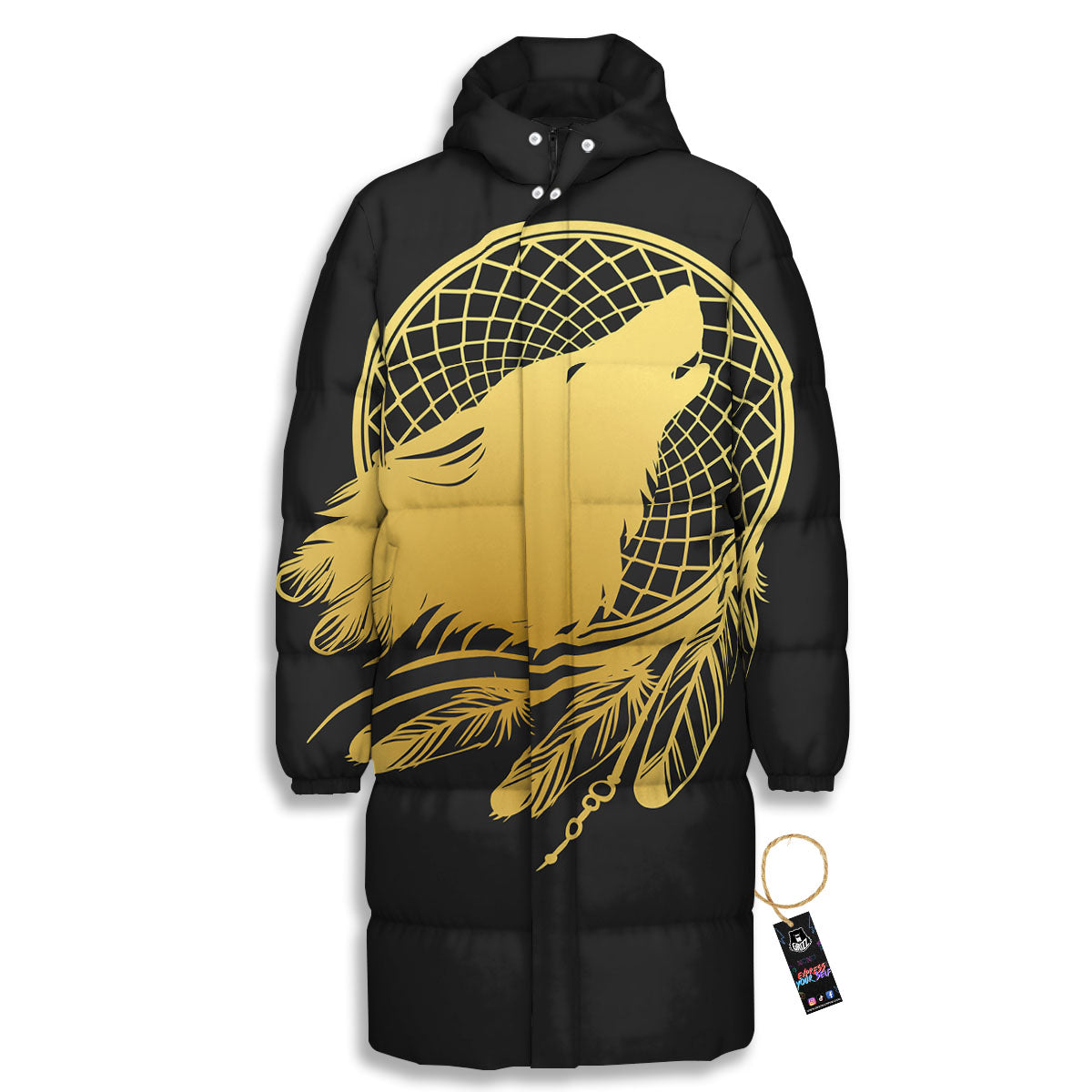Howling Wolf Golden Bohemian Print Long Down Jacket-grizzshop