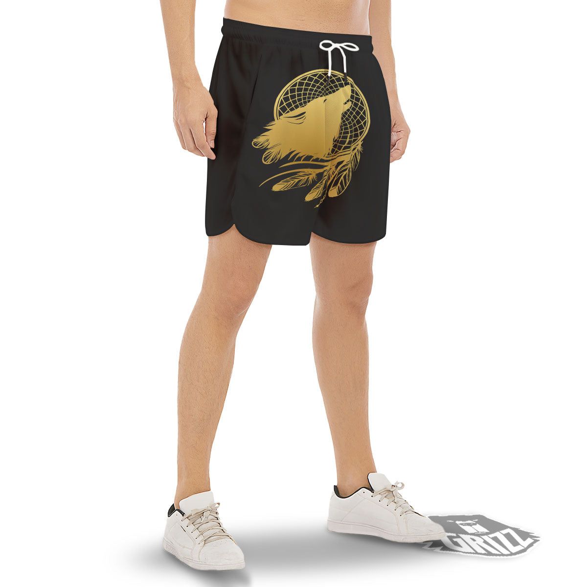 Howling Wolf Golden Bohemian Print Men's Gym Shorts-grizzshop