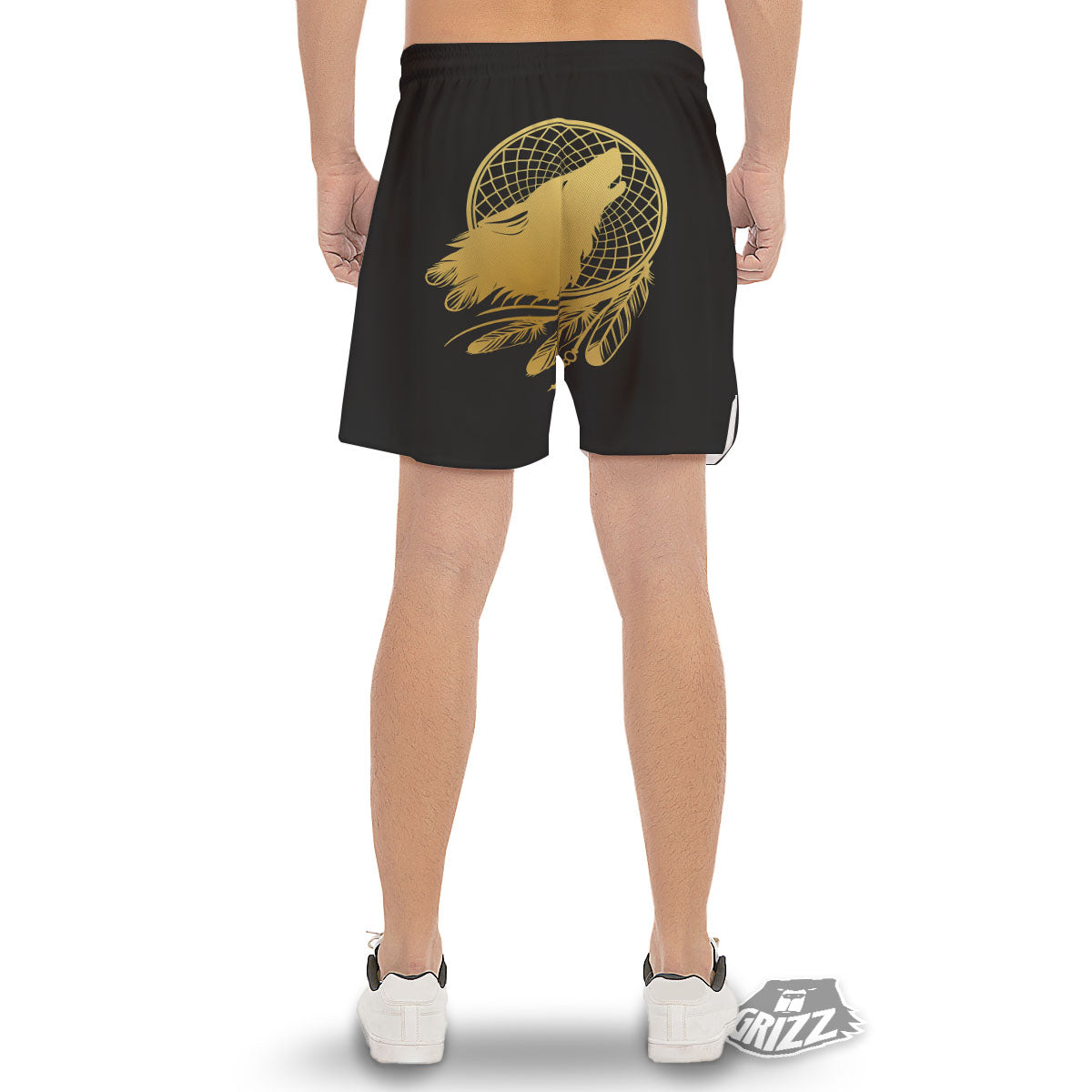 Howling Wolf Golden Bohemian Print Men's Gym Shorts-grizzshop