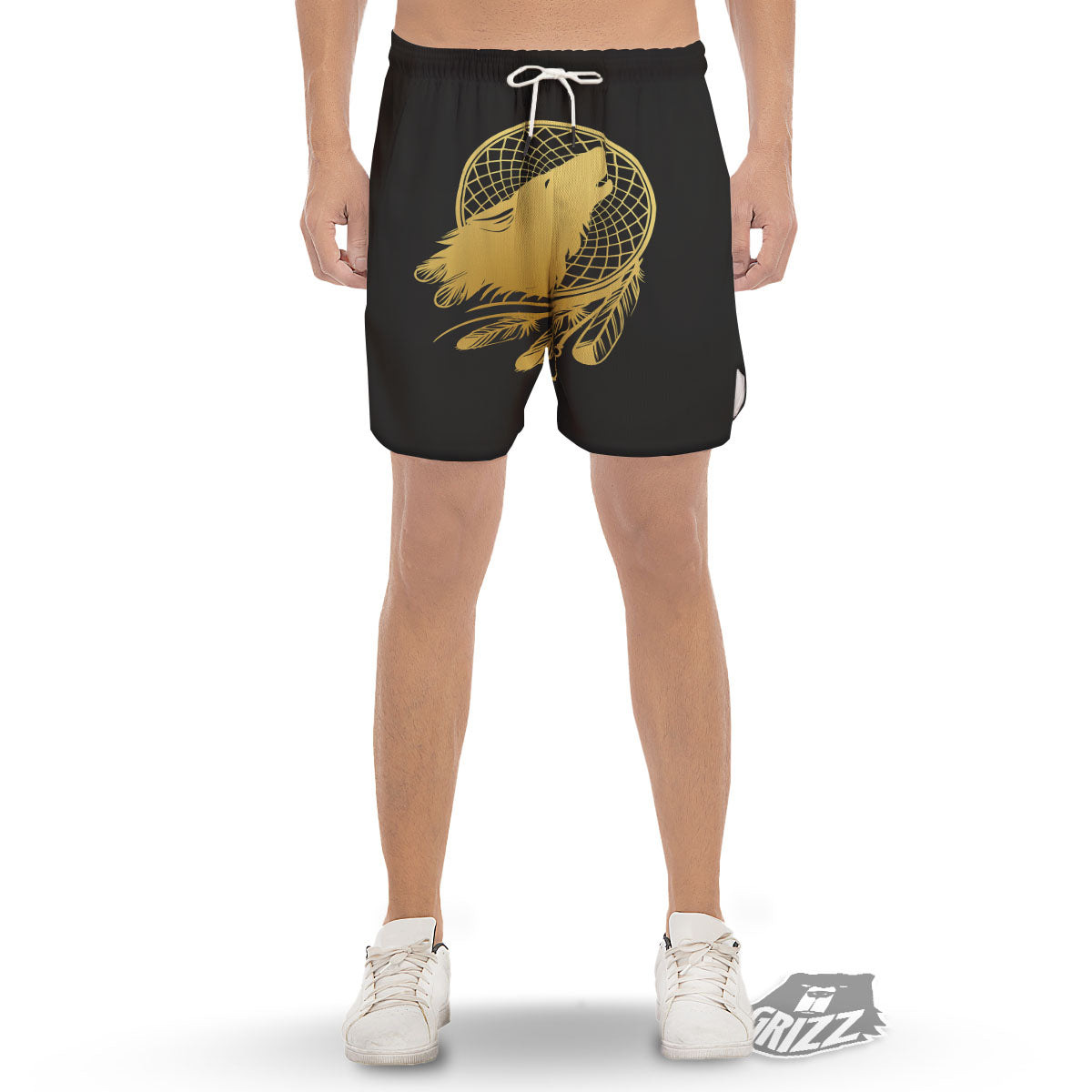 Howling Wolf Golden Bohemian Print Men's Gym Shorts-grizzshop