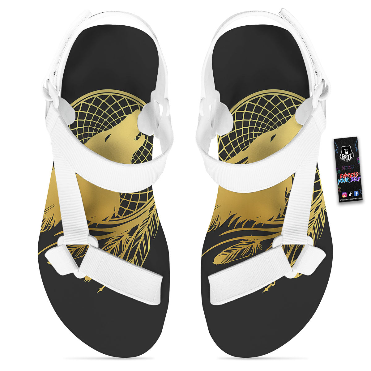 Howling Wolf Golden Bohemian Print White Open Toe Sandals-grizzshop