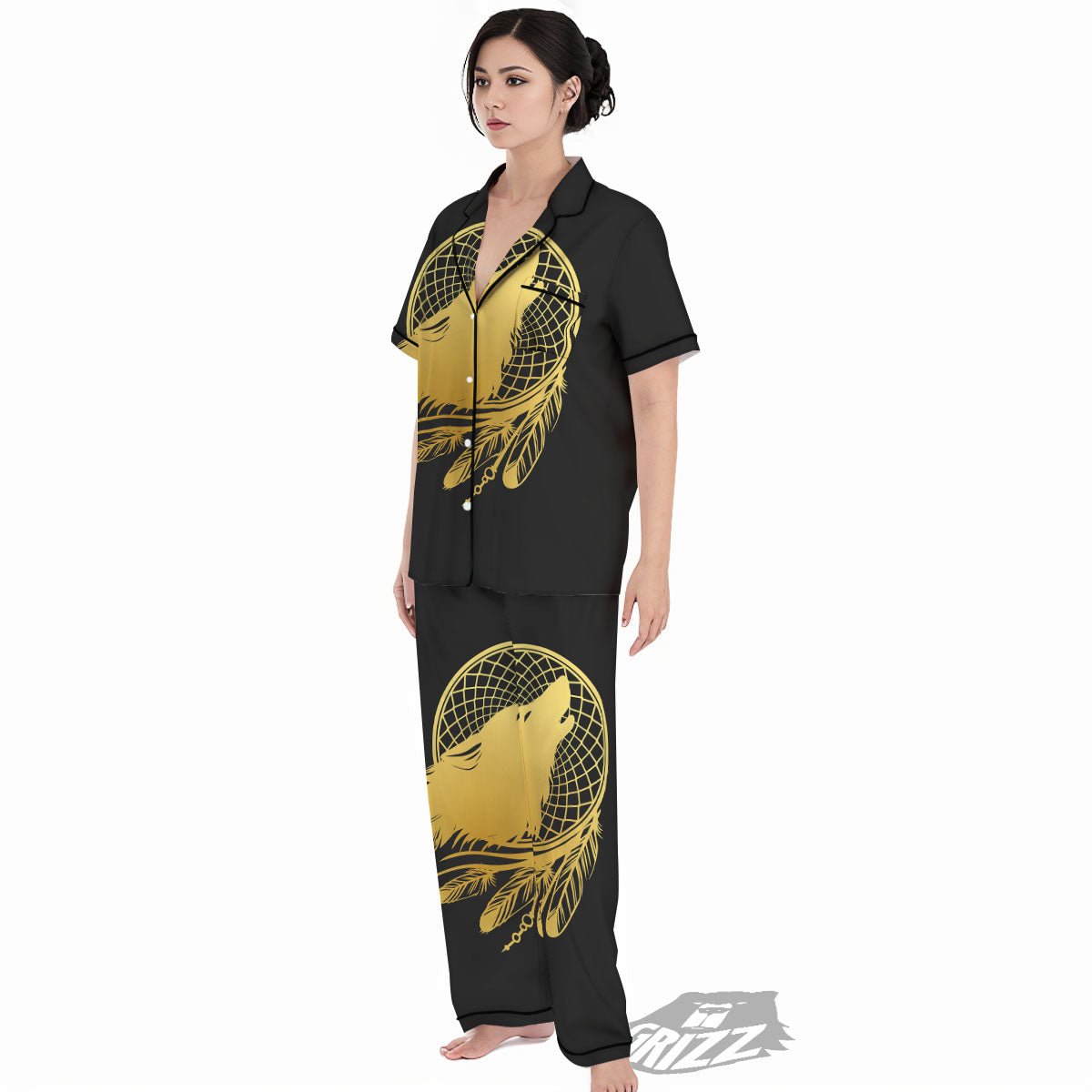 Howling Wolf Golden Bohemian Print Women's Pajamas Set-grizzshop