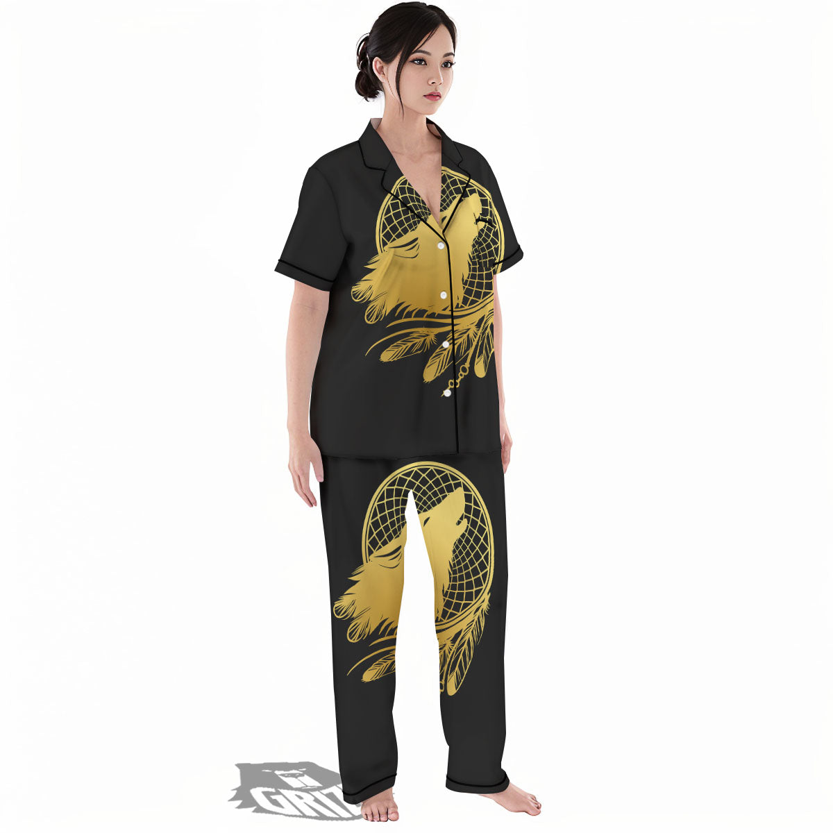 Howling Wolf Golden Bohemian Print Women's Pajamas Set-grizzshop