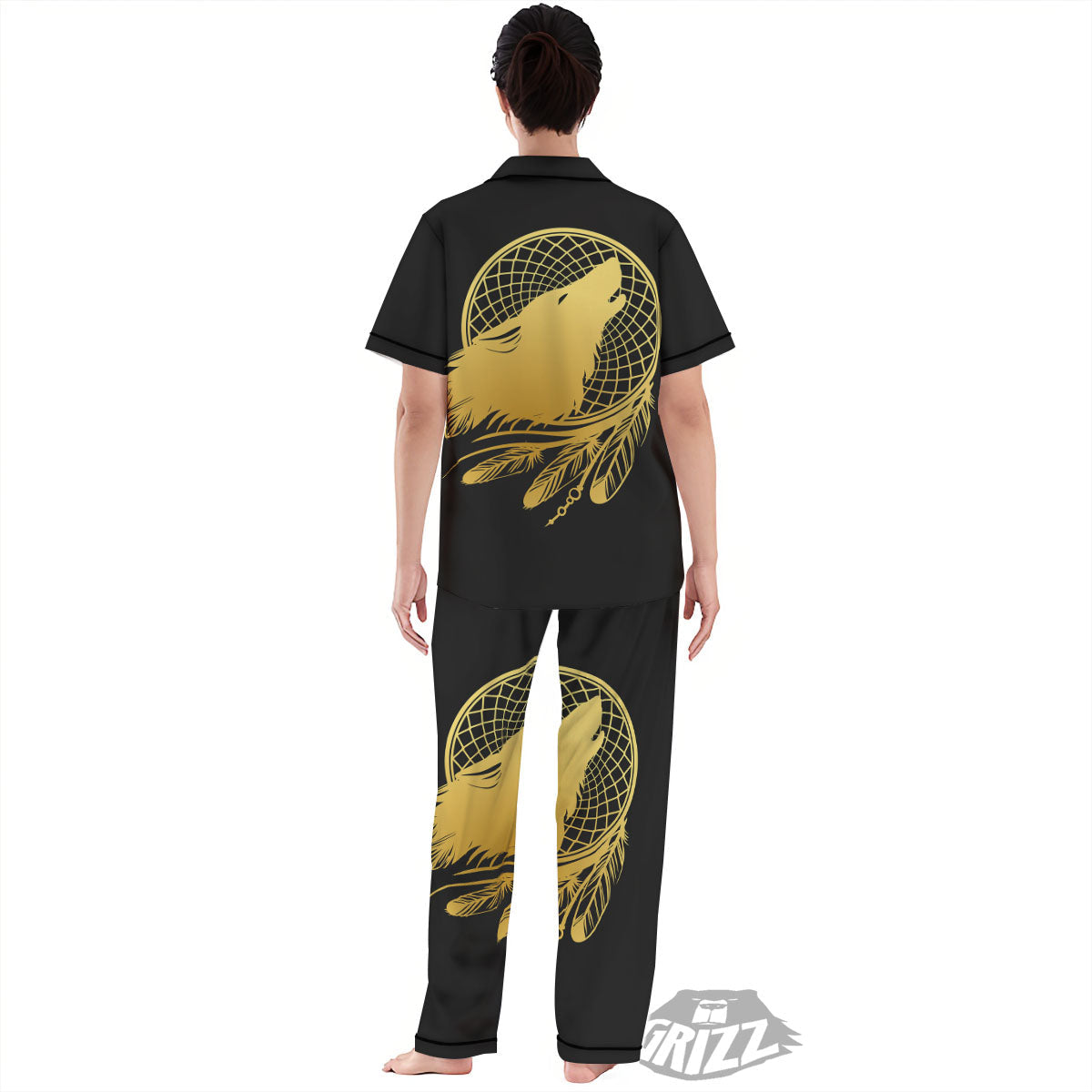 Howling Wolf Golden Bohemian Print Women's Pajamas Set-grizzshop