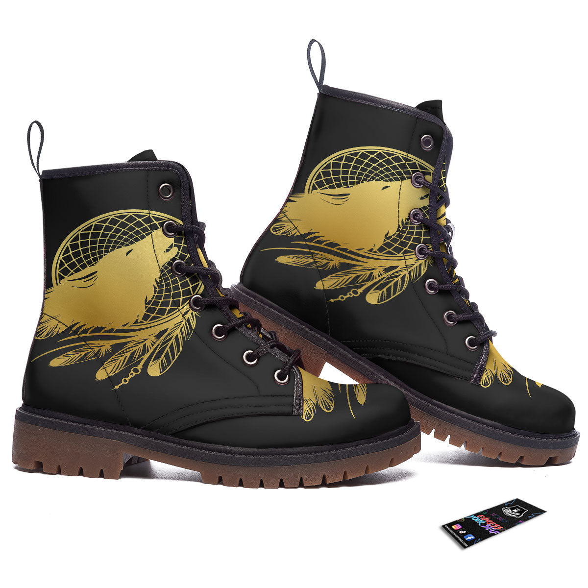 Howling Wolf Golden Bohemian Print Work Boots-grizzshop