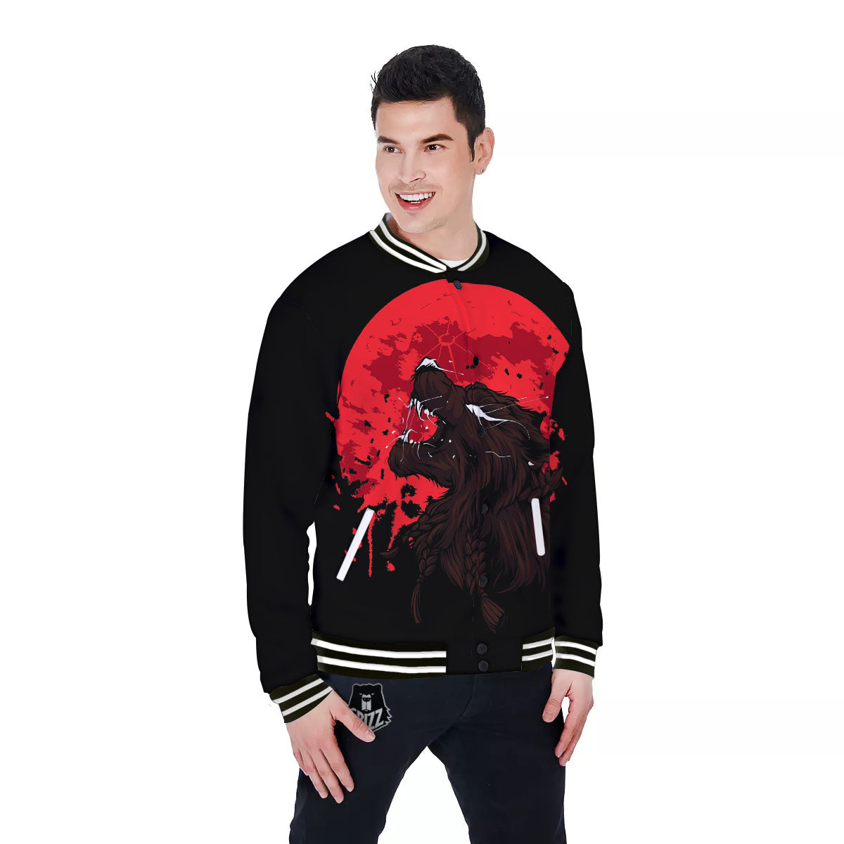 Howling Wolf Red Moon Print Baseball Jacket-grizzshop