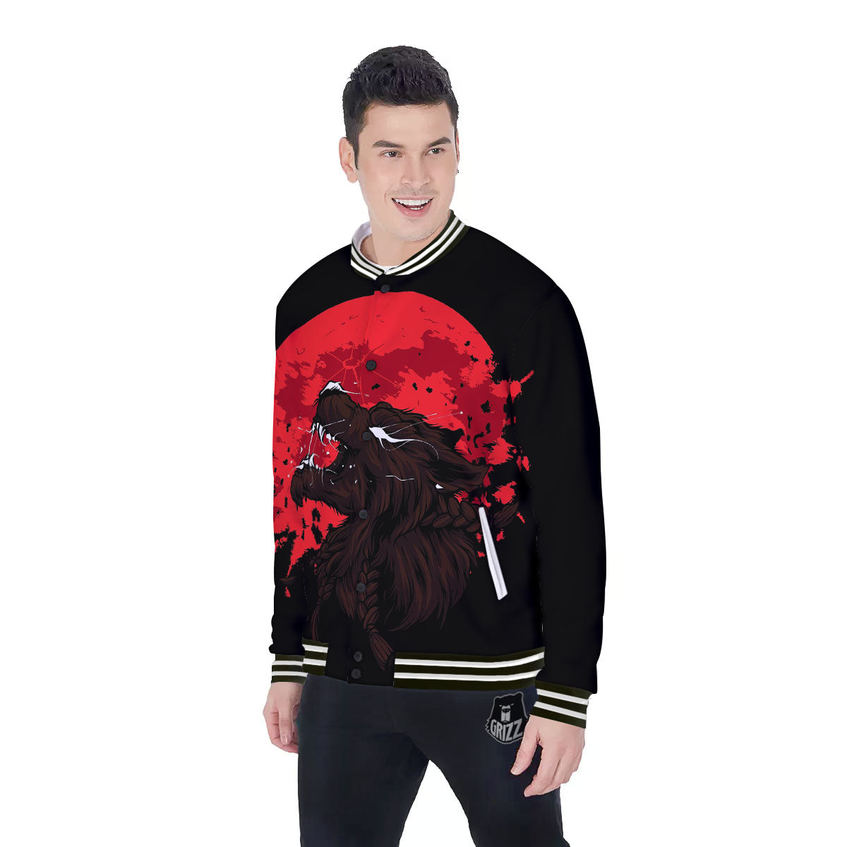 Howling Wolf Red Moon Print Baseball Jacket-grizzshop