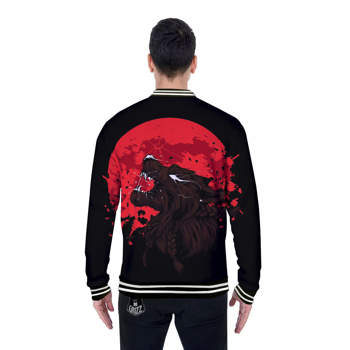 Howling Wolf Red Moon Print Baseball Jacket-grizzshop