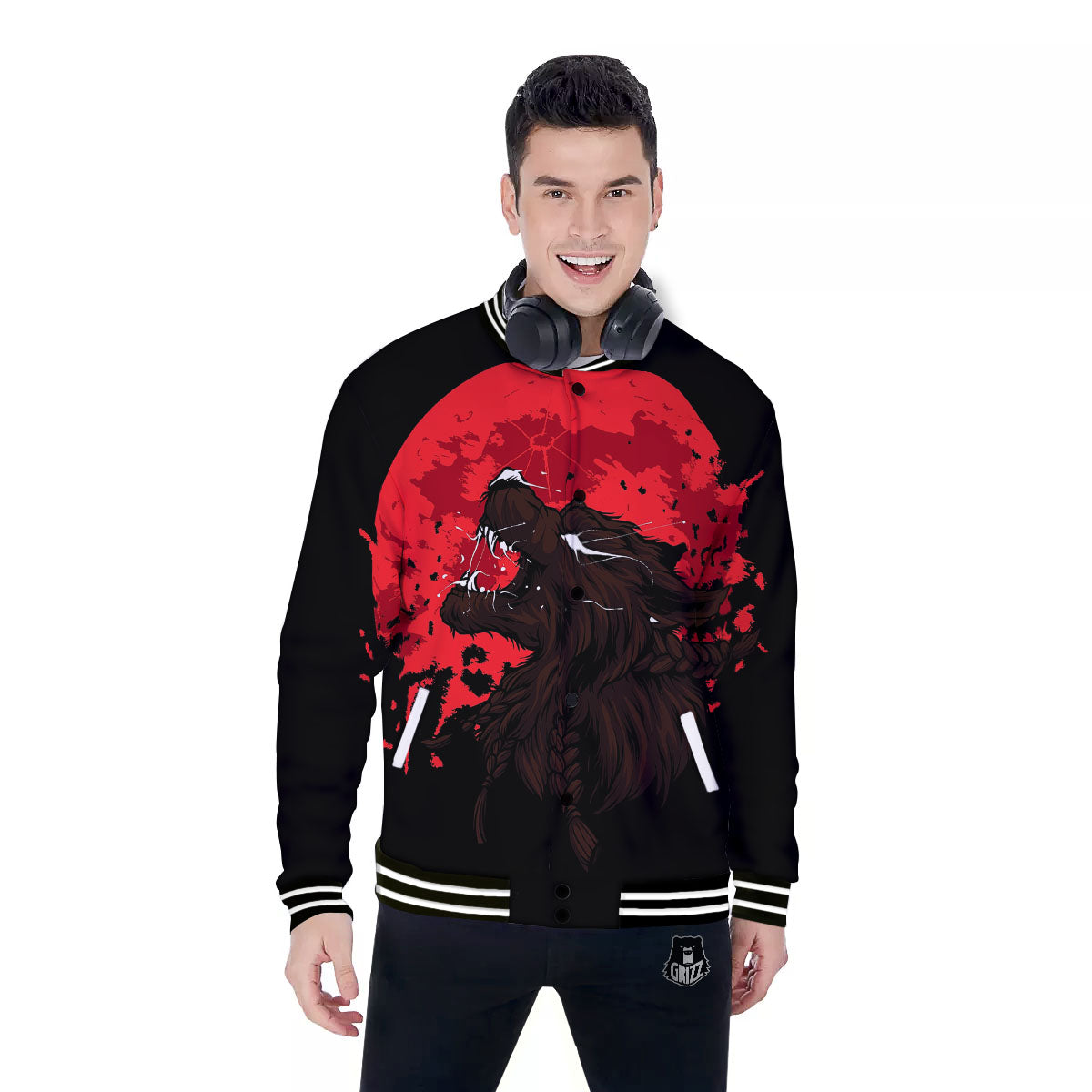 Howling Wolf Red Moon Print Baseball Jacket-grizzshop