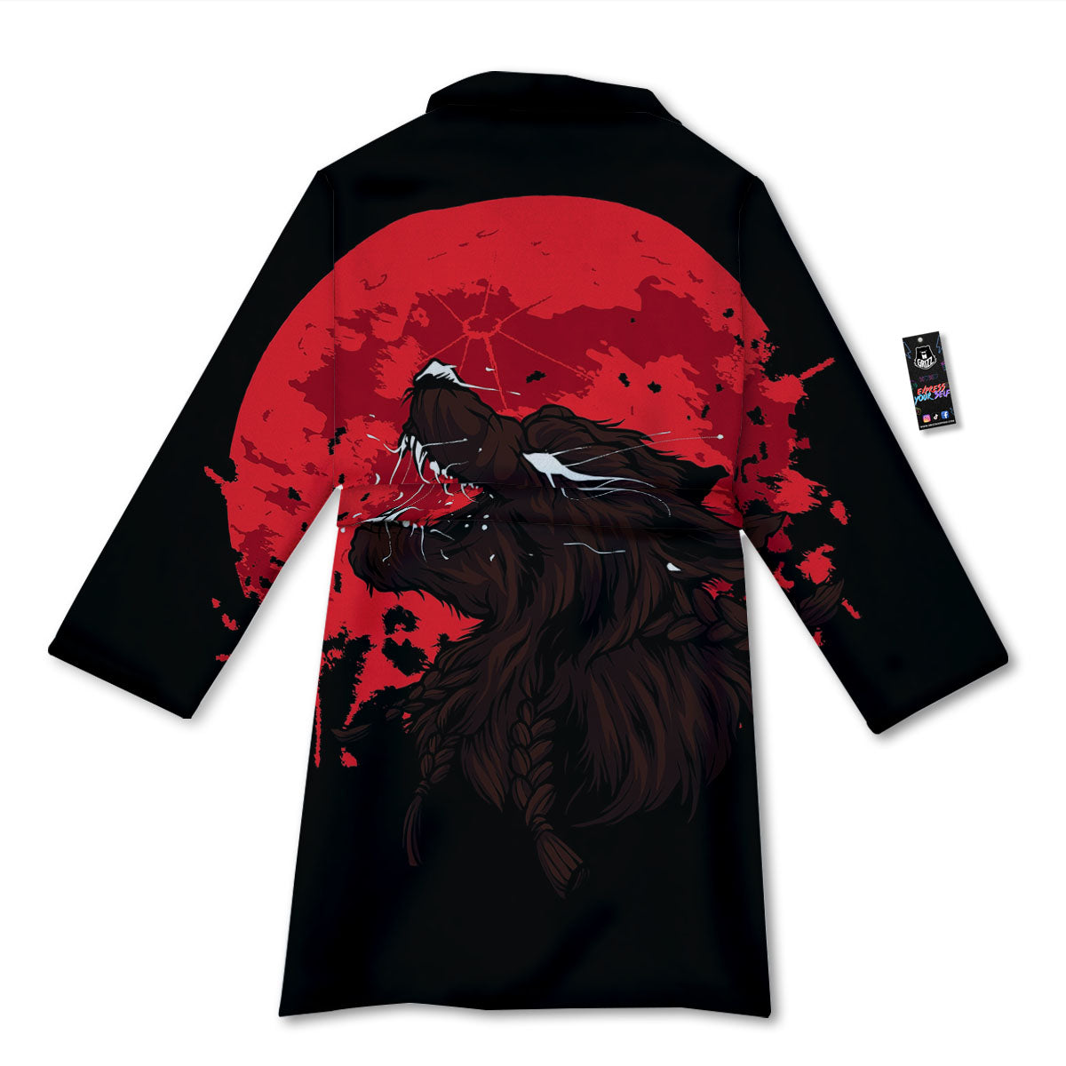 Howling Wolf Red Moon Print Bathrobe-grizzshop