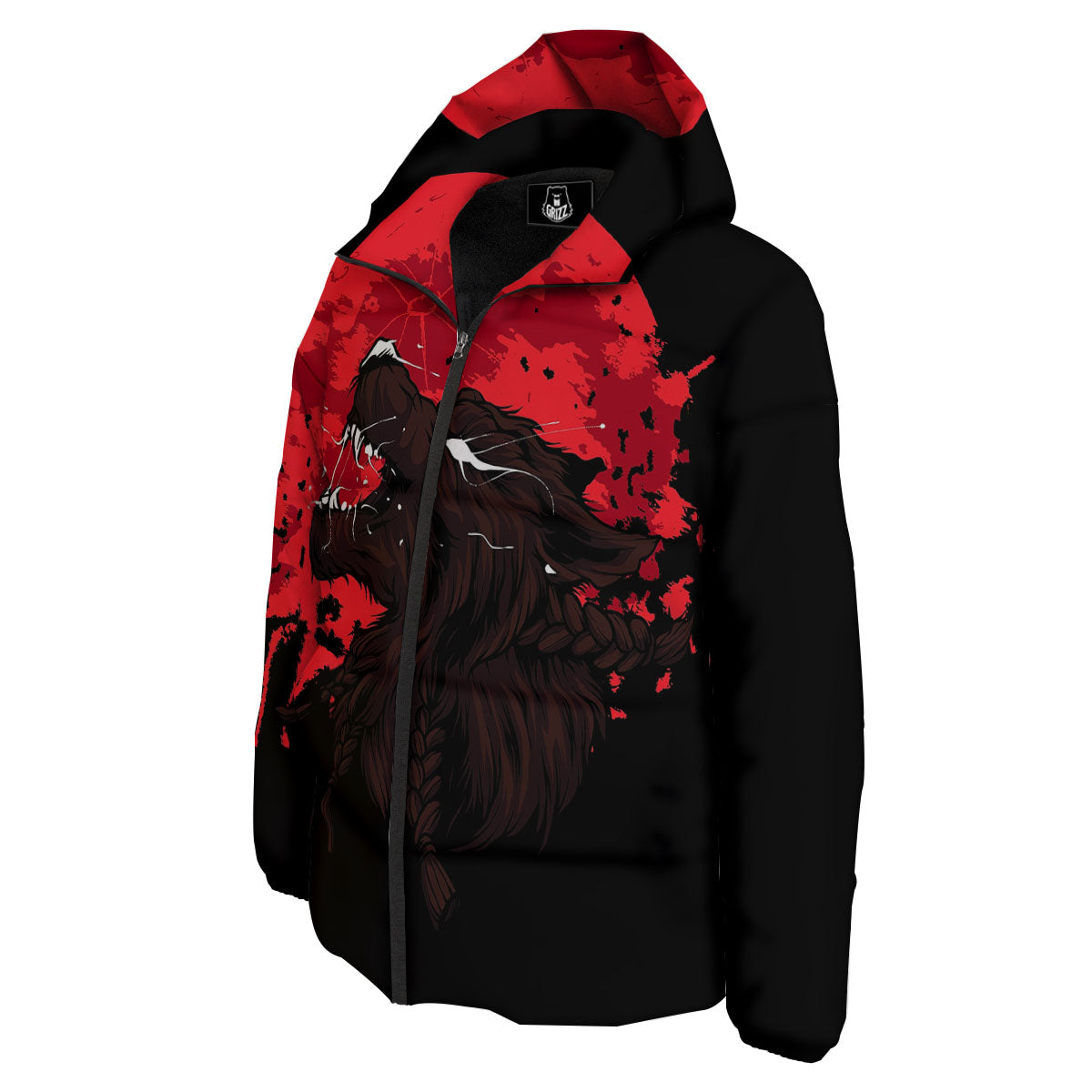 Howling Wolf Red Moon Print Down Jacket-grizzshop