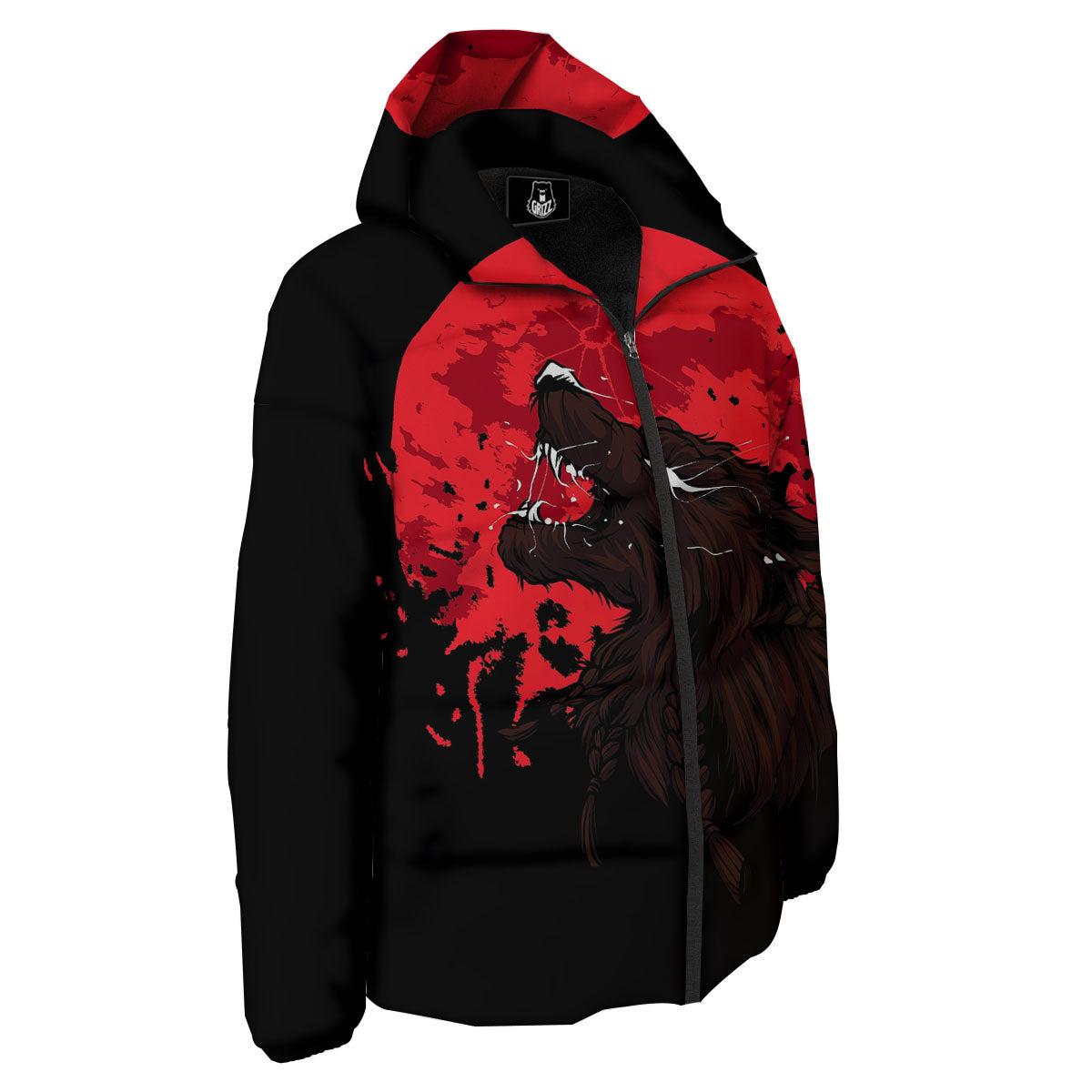 Howling Wolf Red Moon Print Down Jacket-grizzshop