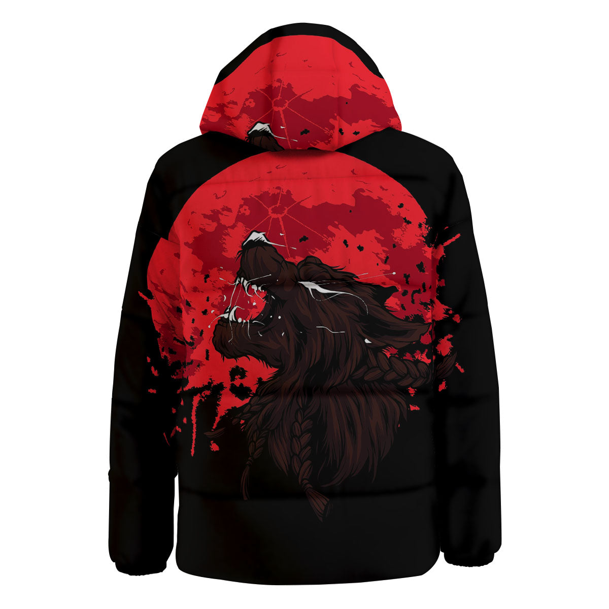 Howling Wolf Red Moon Print Down Jacket-grizzshop