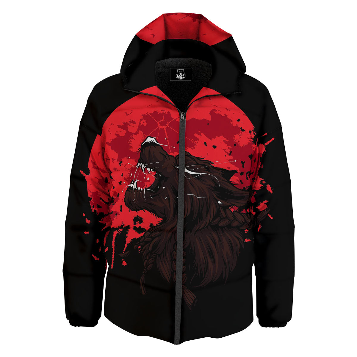 Howling Wolf Red Moon Print Down Jacket-grizzshop