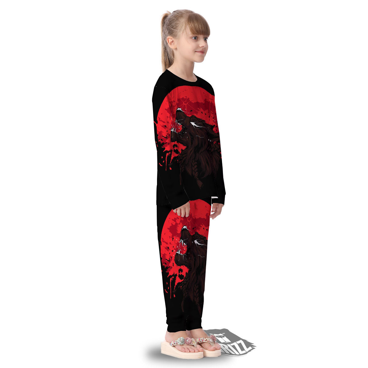 Howling Wolf Red Moon Print Kid's Pajamas-grizzshop