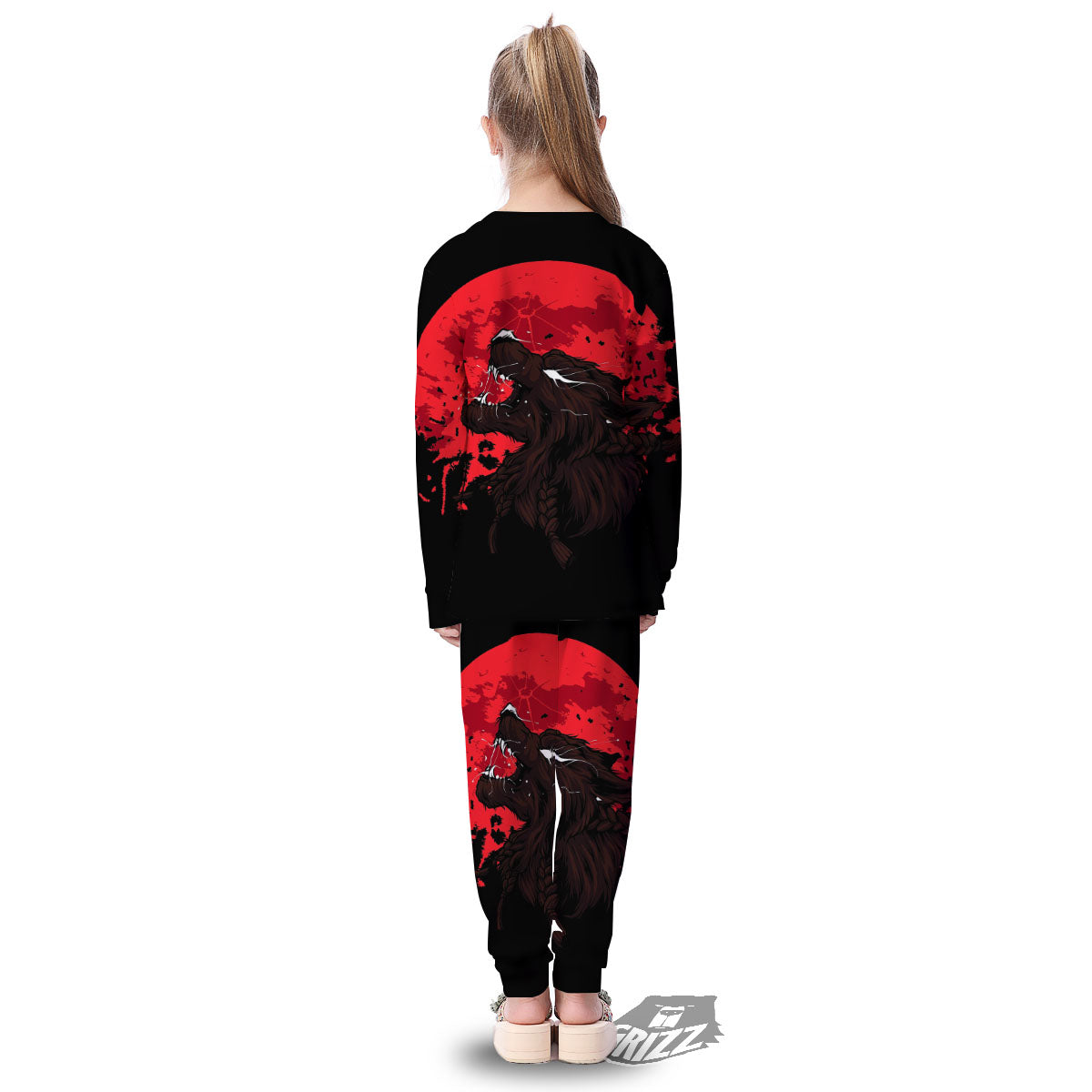 Howling Wolf Red Moon Print Kid's Pajamas-grizzshop