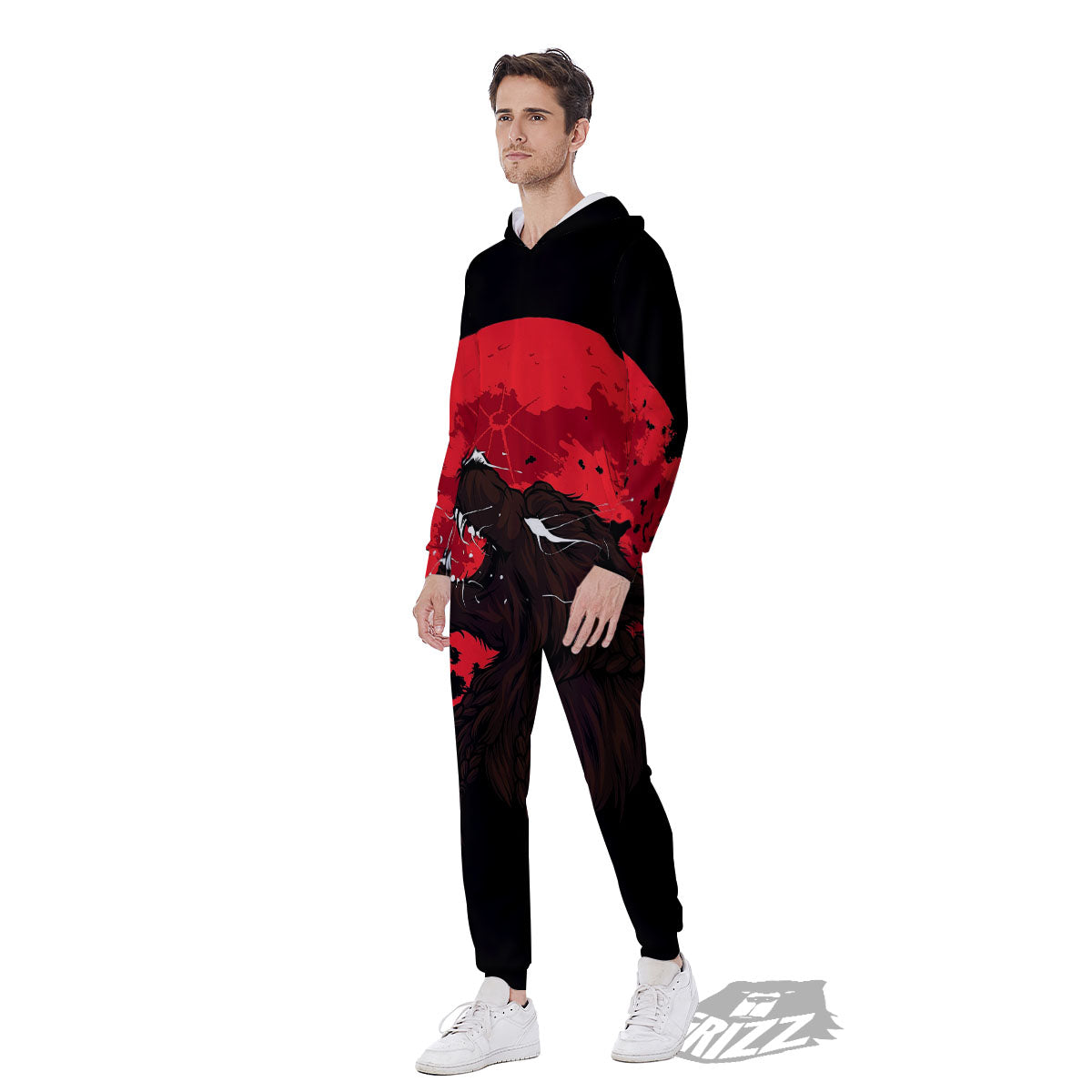 Howling Wolf Red Moon Print Men's Jumpsuit-grizzshop