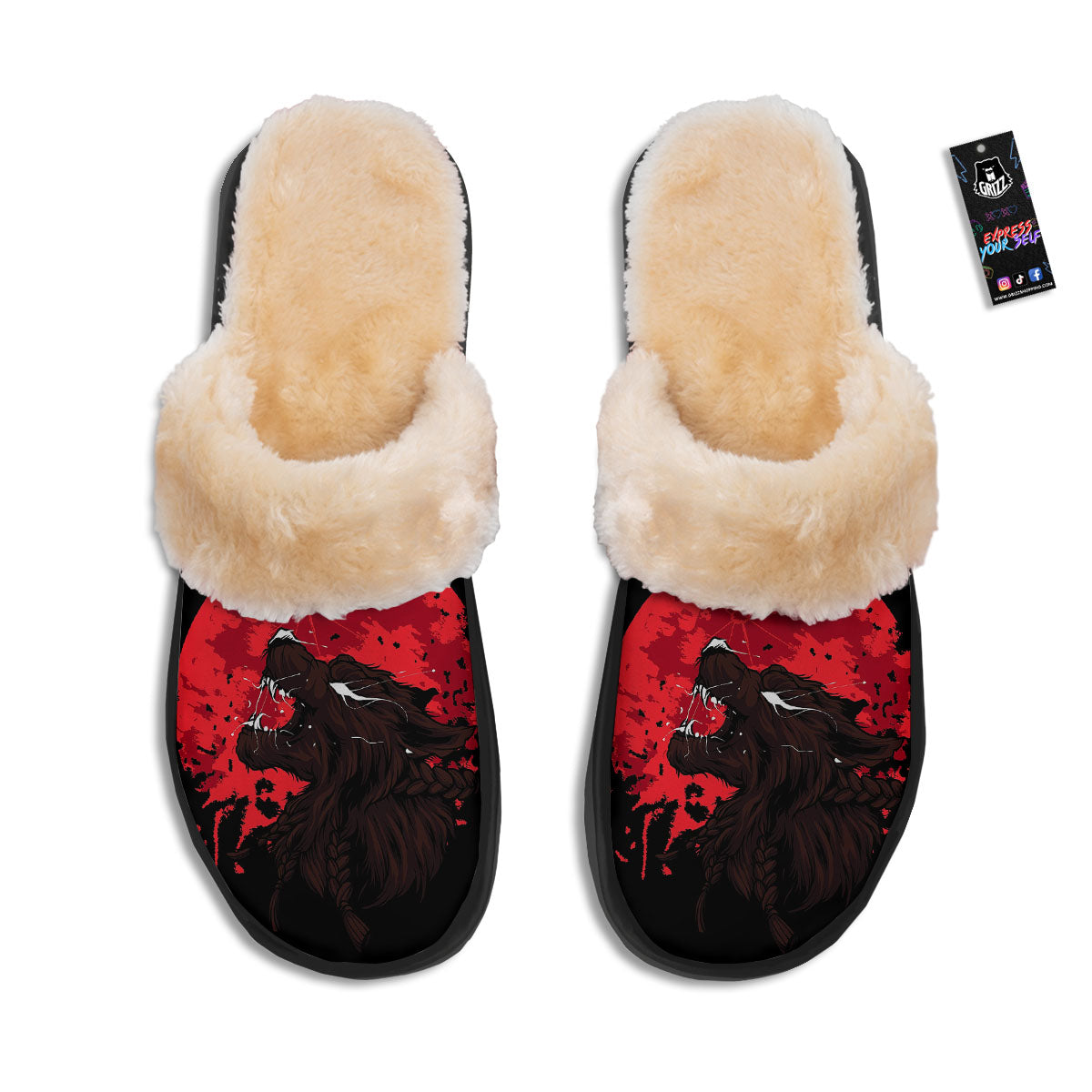 Howling Wolf Red Moon Print Slippers-grizzshop