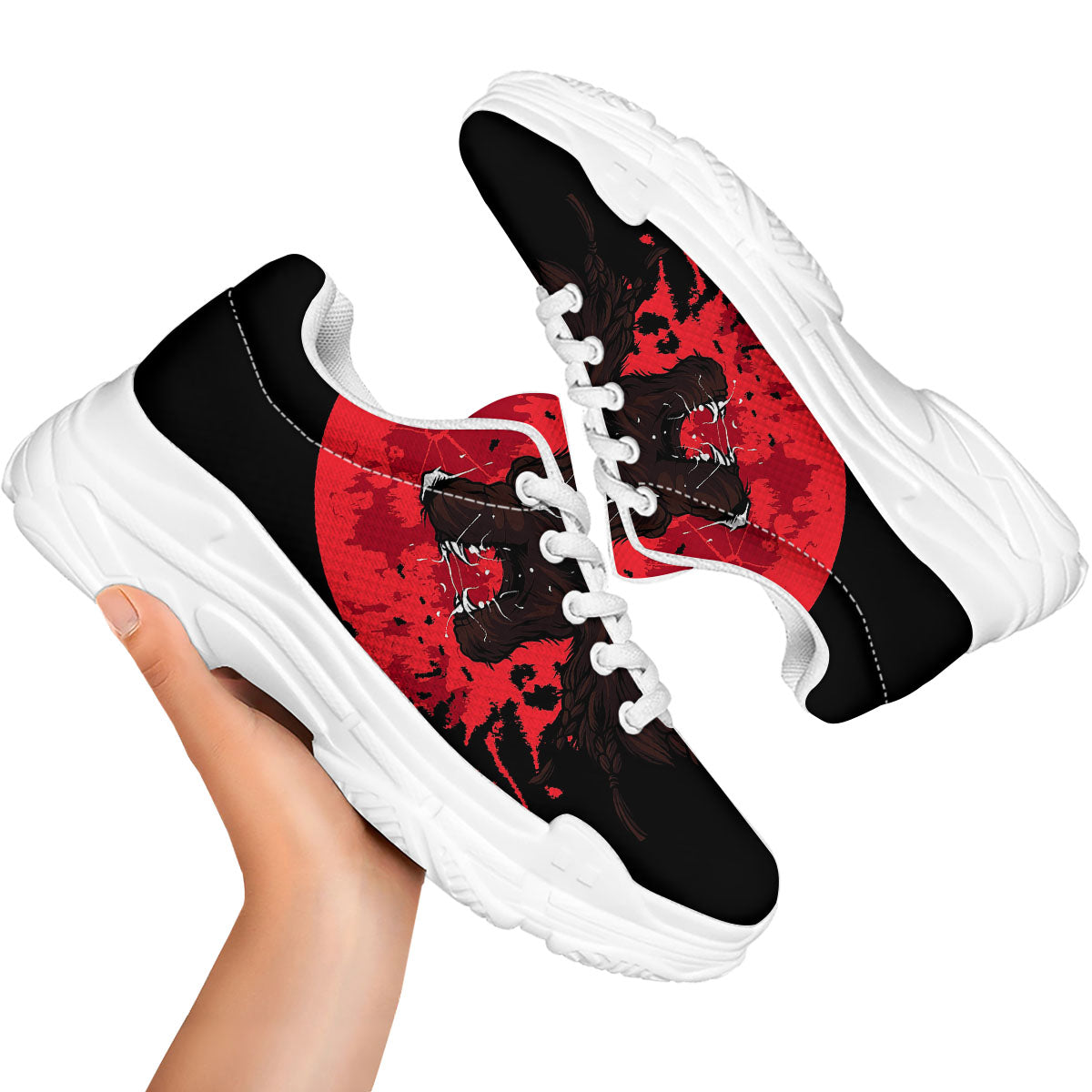 Howling Wolf Red Moon Print White Chunky Shoes-grizzshop