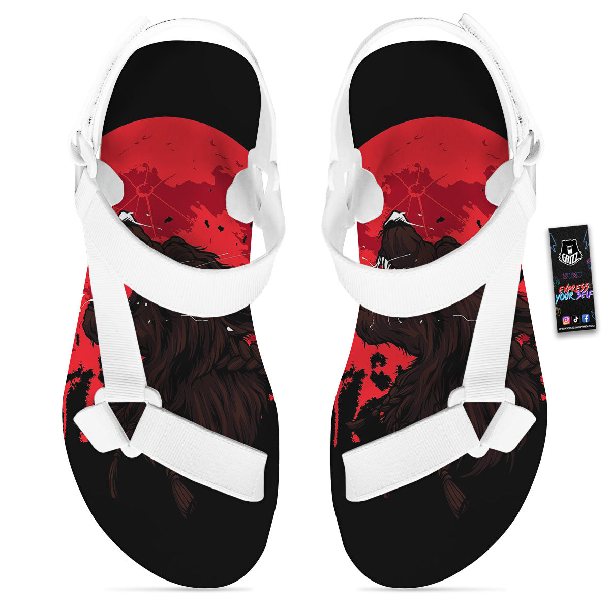 Howling Wolf Red Moon Print White Open Toe Sandals-grizzshop