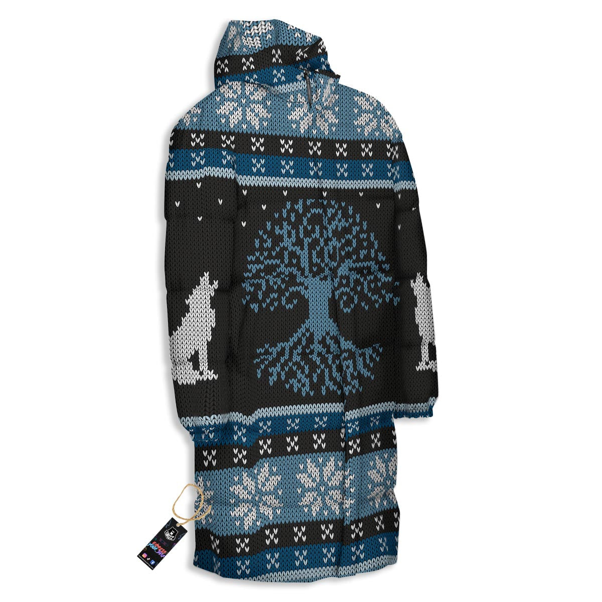 Howling Wolves And Tree Of Life Print Long Down Jacket-grizzshop