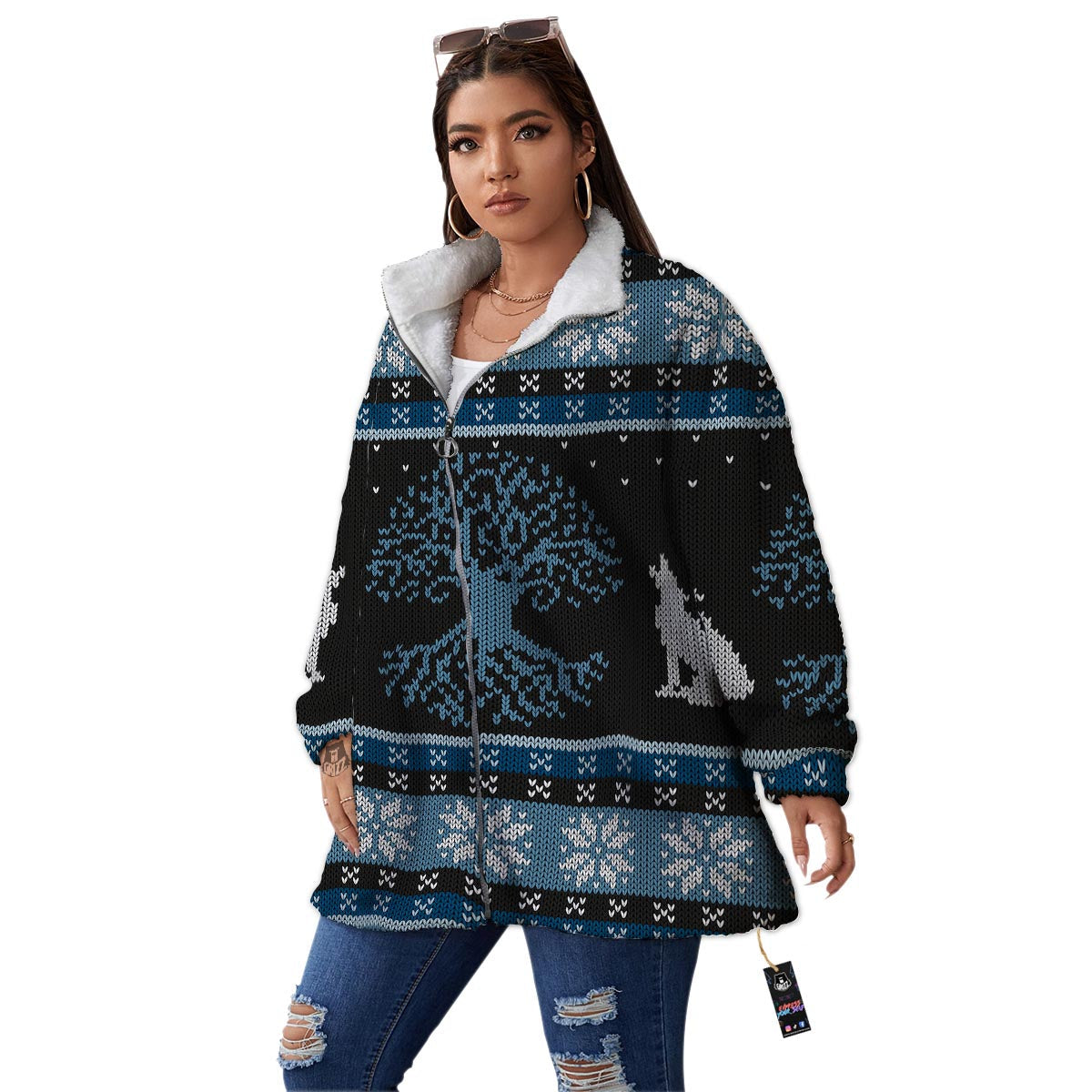 Howling Wolves And Tree Of Life Print Women's Sherpa Jacket-grizzshop