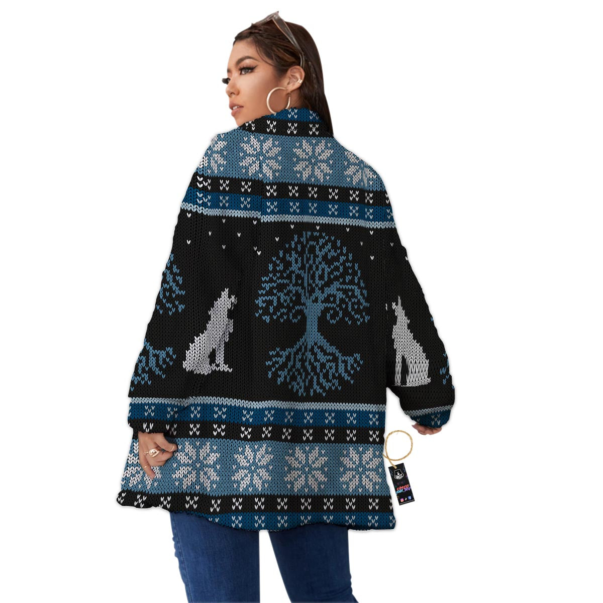 Howling Wolves And Tree Of Life Print Women's Sherpa Jacket-grizzshop