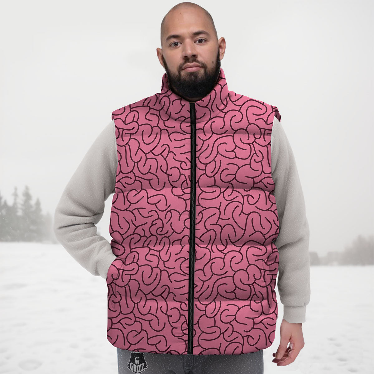 Human Brain Print Pattern Down Vest-grizzshop