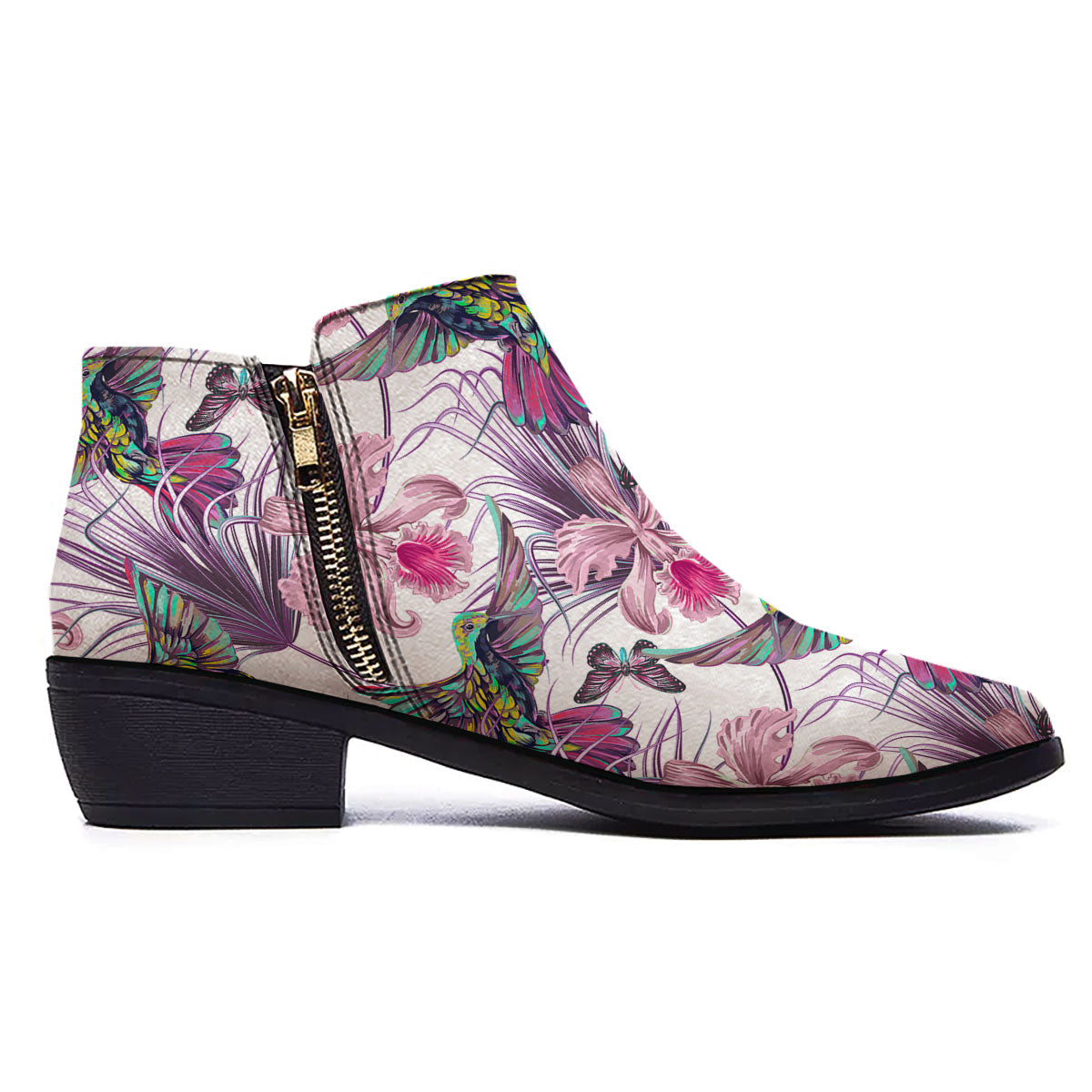 Hummingbird And Pink Flowers Print Ankle Boots-grizzshop