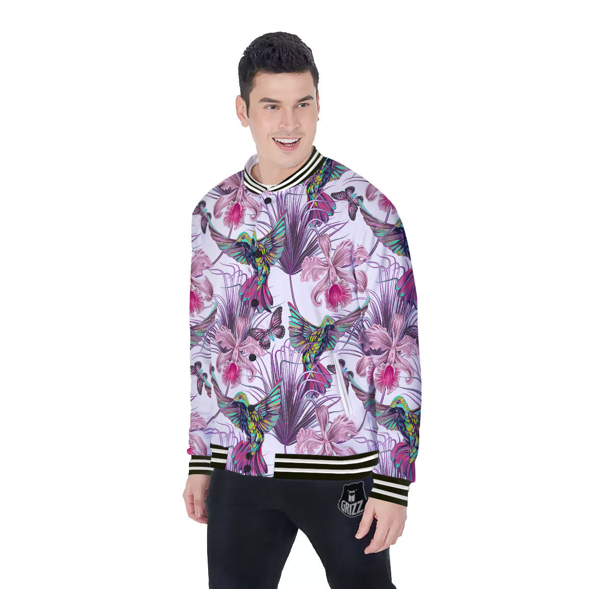 Hummingbird And Pink Flowers Print Baseball Jacket-grizzshop