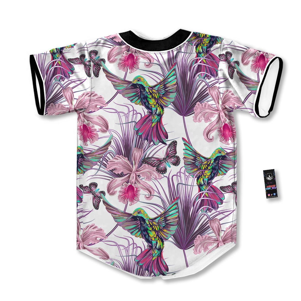 Hummingbird And Pink Flowers Print Baseball Jersey-grizzshop