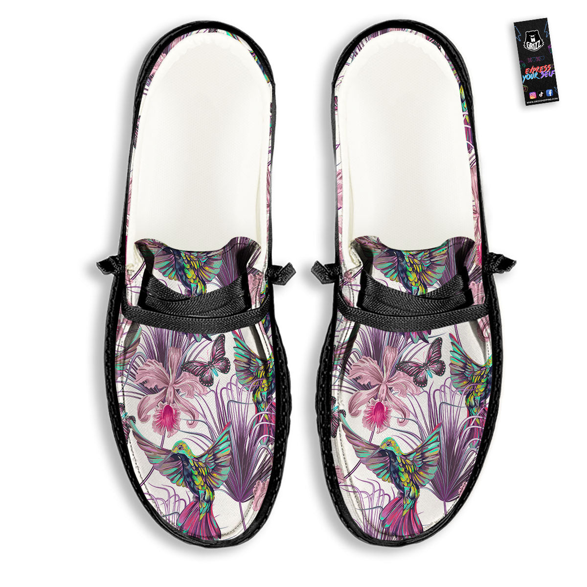 Hummingbird And Pink Flowers Print Black Loafers-grizzshop