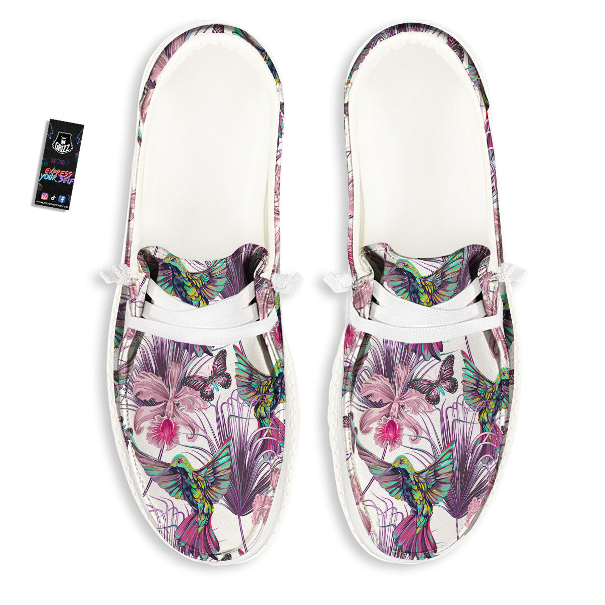 Hummingbird And Pink Flowers Print Black Loafers-grizzshop
