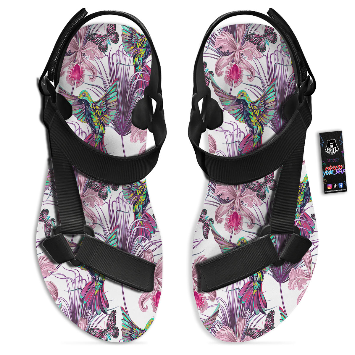 Hummingbird And Pink Flowers Print Black Open Toe Sandals-grizzshop