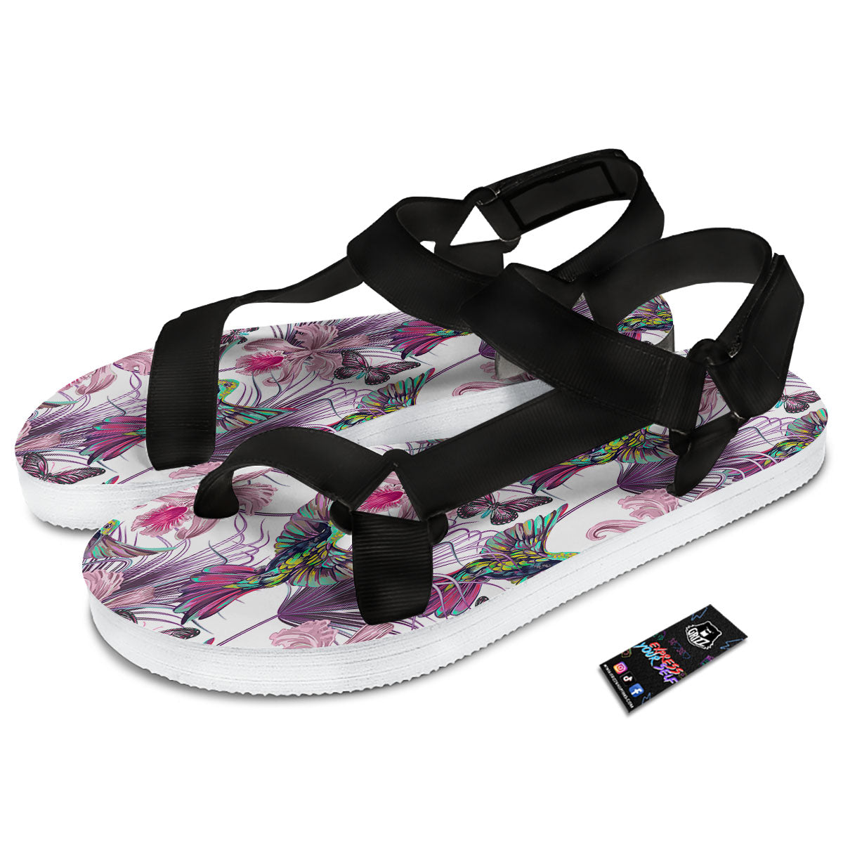 Hummingbird And Pink Flowers Print Black Open Toe Sandals-grizzshop
