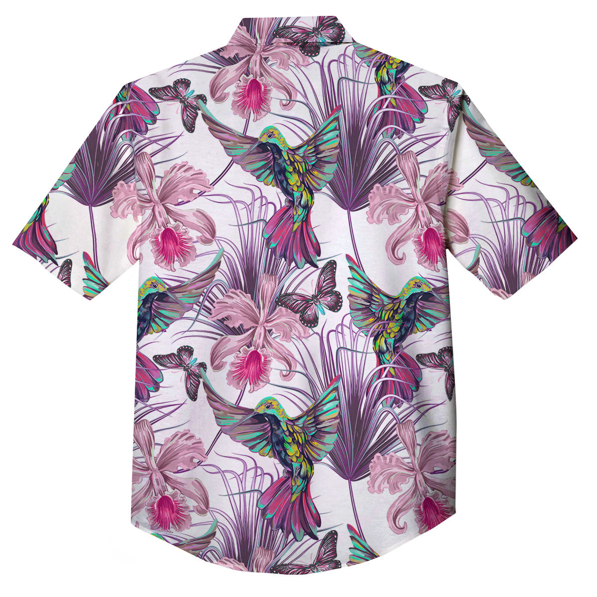 Hummingbird And Pink Flowers Print Button Up Shirt-grizzshop