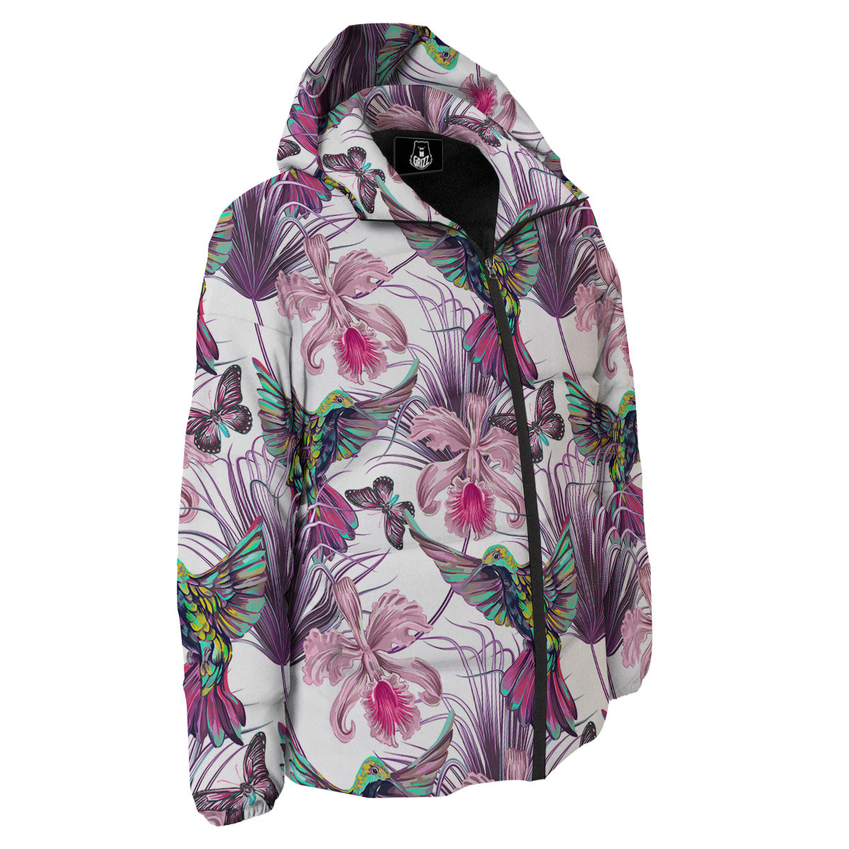 Hummingbird And Pink Flowers Print Down Jacket-grizzshop