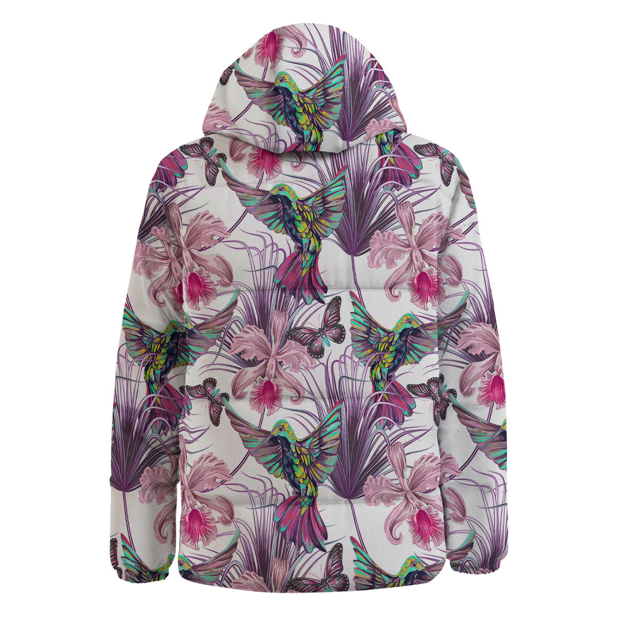 Hummingbird And Pink Flowers Print Down Jacket-grizzshop