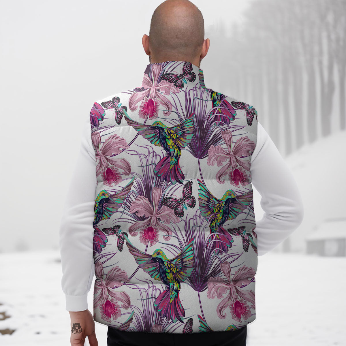 Hummingbird And Pink Flowers Print Down Vest-grizzshop