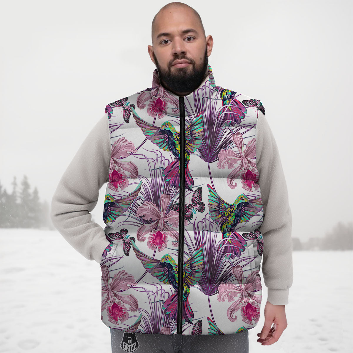 Hummingbird And Pink Flowers Print Down Vest-grizzshop