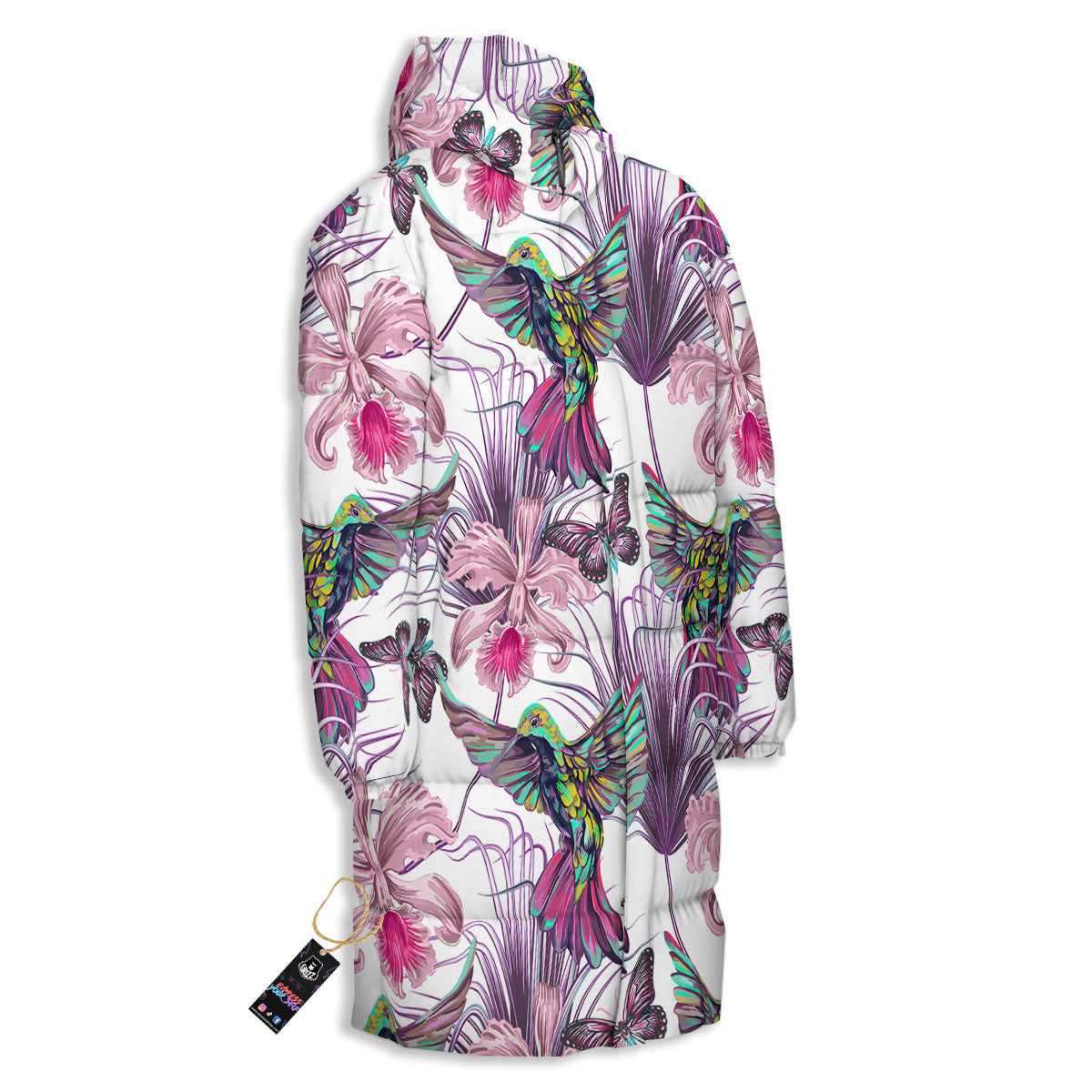 Hummingbird And Pink Flowers Print Long Down Jacket-grizzshop