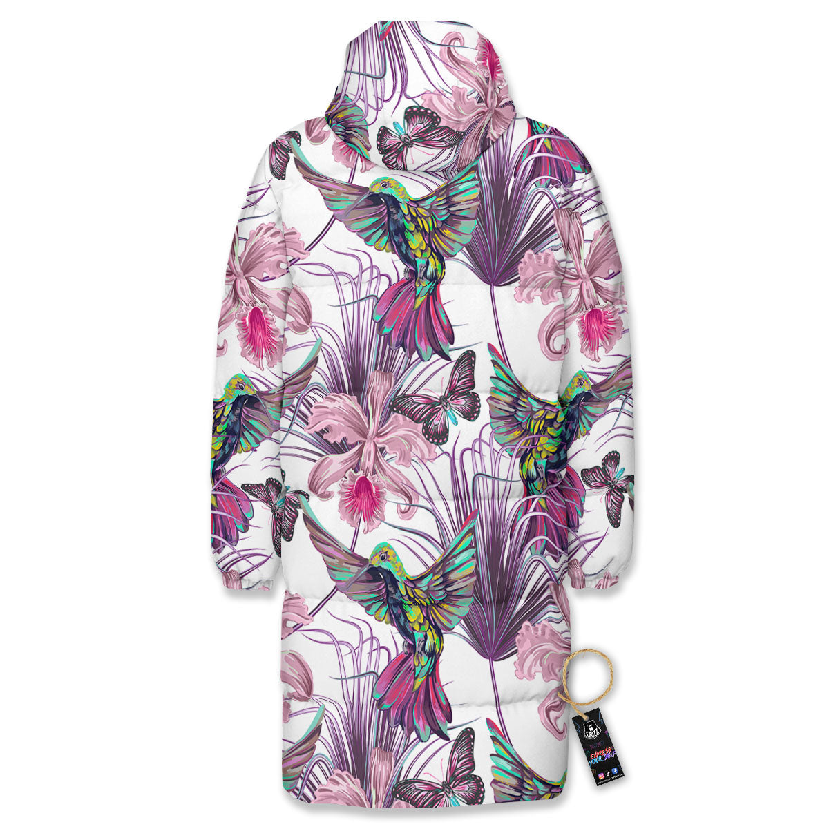 Hummingbird And Pink Flowers Print Long Down Jacket-grizzshop