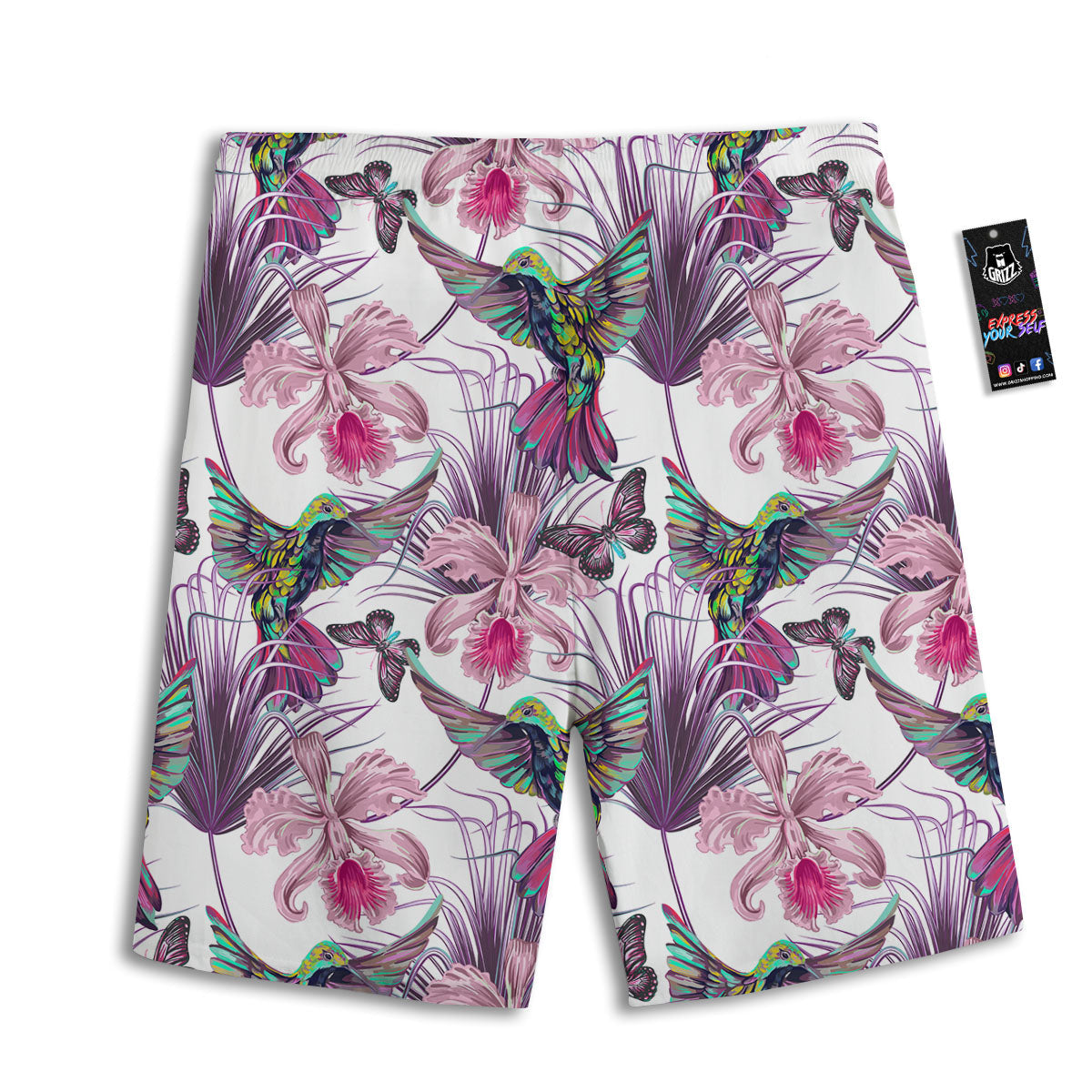 Hummingbird And Pink Flowers Print Men's Athletic Shorts-grizzshop